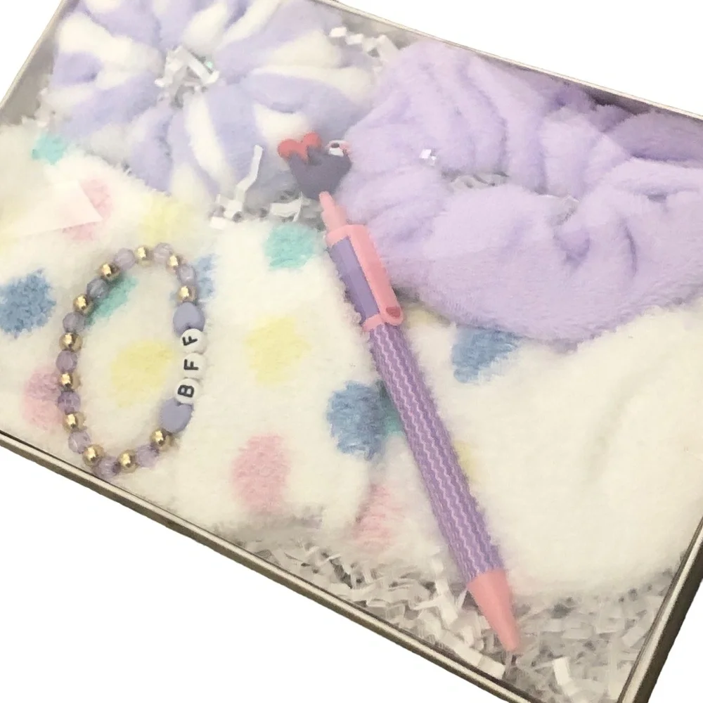 Hair Scrunchies, Fuzzy Polka Dot Socks & Friendship Bracelet Gift Set